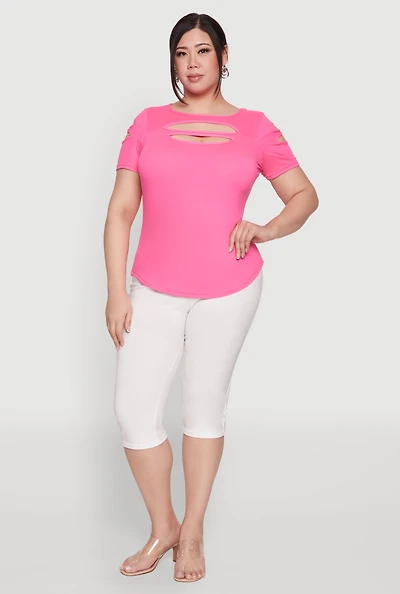 Womens Plus Cut Out Crew Neck Tee,