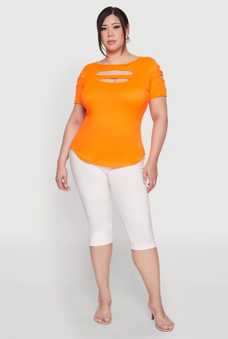 Womens Plus Cut Out Crew Neck Tee,