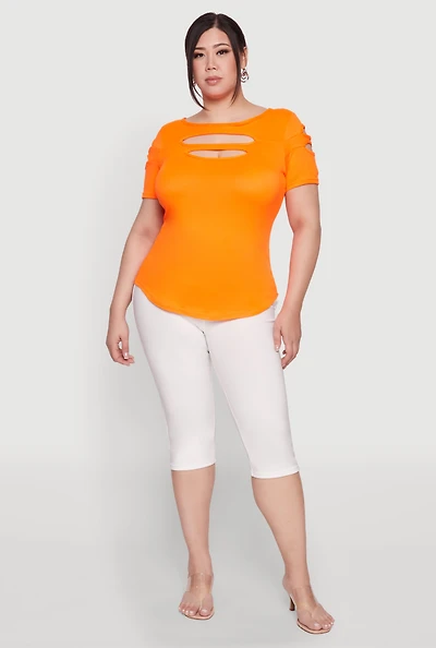 Womens Plus Size Cut Out Crew Neck Tee, Orange, Size 1X