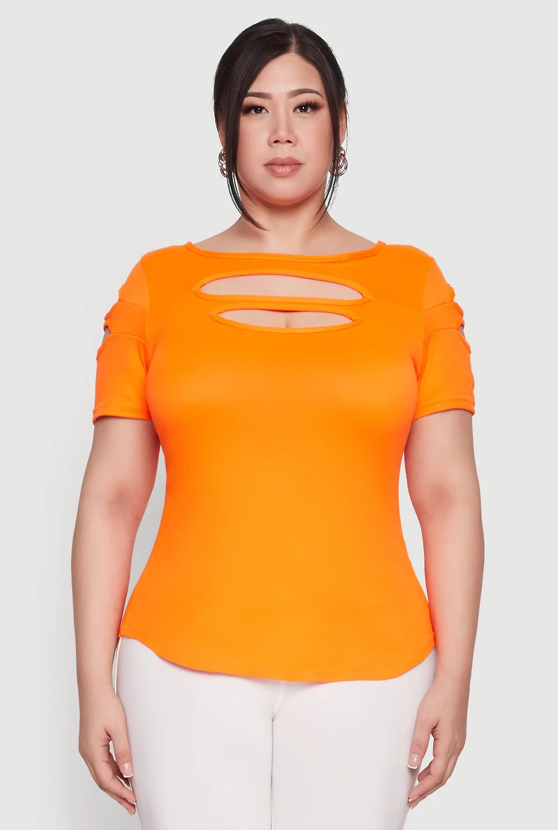 Womens Plus Size Cut Out Crew Neck Tee, Orange, Size 1X