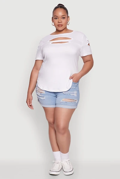 Womens Plus Size Cut Out Tee, White, Size 1X