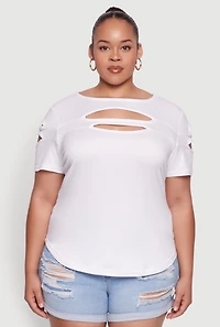 Womens Plus Size Cut Out Tee, White, Size 1X
