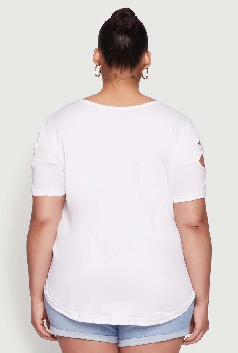 Womens Plus Size Cut Out Tee, White, Size 1X
