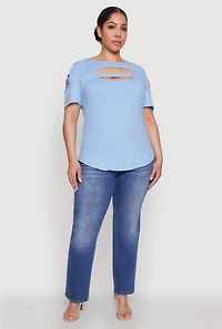 Womens Plus Size Cut Out Tee, Blue, Size 2X
