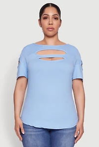 Womens Plus Size Cut Out Tee, Blue, Size 2X