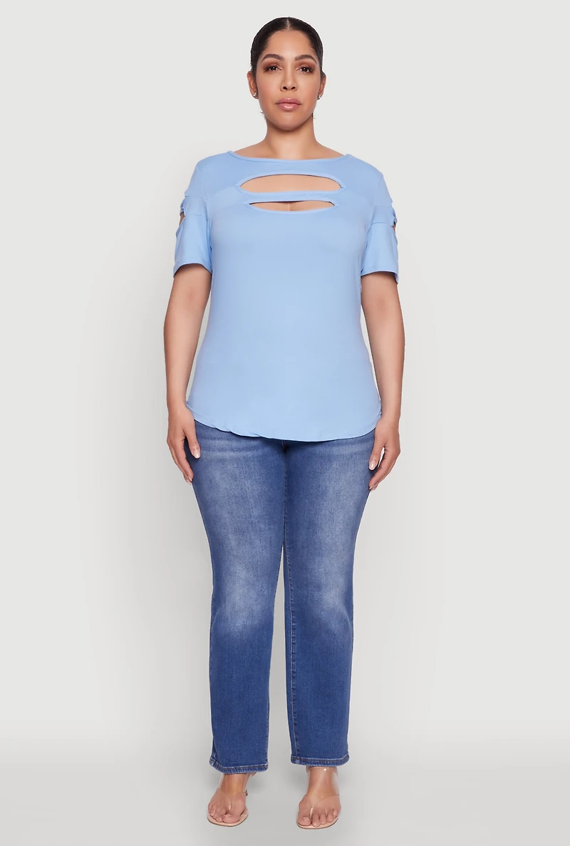 Womens Plus Size Cut Out Tee, Blue, Size 1X