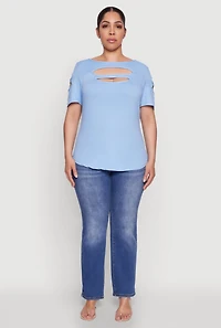 Womens Plus Size Cut Out Tee, Blue, Size 1X