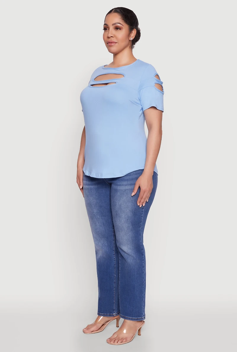 Womens Plus Size Cut Out Tee, Blue, Size 2X