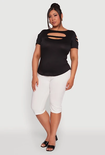 Womens Plus Solid Double Keyhole Crew Neck T-Shirt,