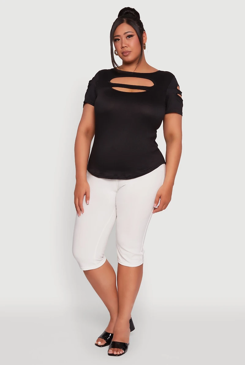 Plus Solid Double Keyhole Crew Neck T-Shirt