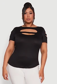 Womens Plus Size Solid Double Keyhole Crew Neck T-Shirt, Black, Size 4X