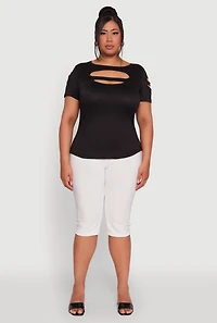 Womens Plus Size Solid Double Keyhole Crew Neck T-Shirt, Black, Size 4X