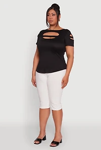 Womens Plus Size Solid Double Keyhole Crew Neck T-Shirt, Black, Size 4X