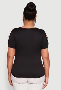 Womens Plus Size Solid Double Keyhole Crew Neck T-Shirt, Black, Size 4X
