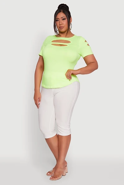 Womens Plus Solid Double Keyhole Crew Neck T-Shirt, 2X