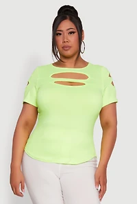 Womens Plus Size Solid Double Keyhole Crew Neck T-Shirt, Green, Size 2X