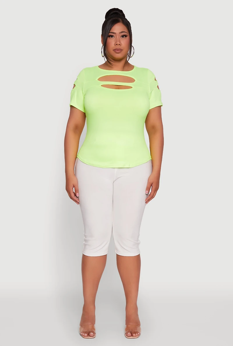 Womens Plus Size Solid Double Keyhole Crew Neck T-Shirt, Green, Size 2X