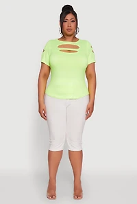 Womens Plus Size Solid Double Keyhole Crew Neck T-Shirt, Green, Size 2X