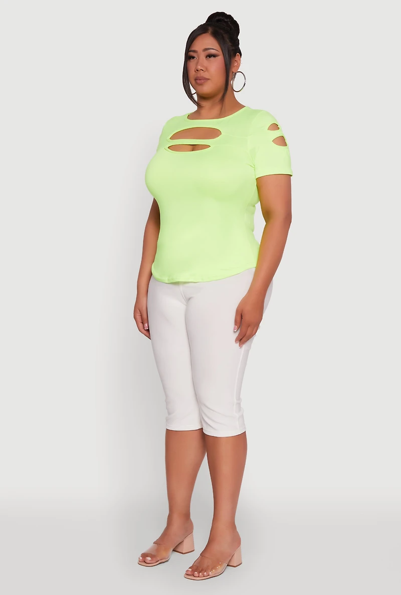 Womens Plus Size Solid Double Keyhole Crew Neck T-Shirt, Green, Size 2X