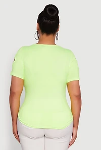 Womens Plus Size Solid Double Keyhole Crew Neck T-Shirt, Green, Size 2X