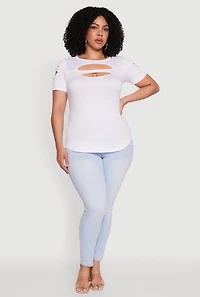 Plus Solid Double Keyhole Crew Neck T-Shirt