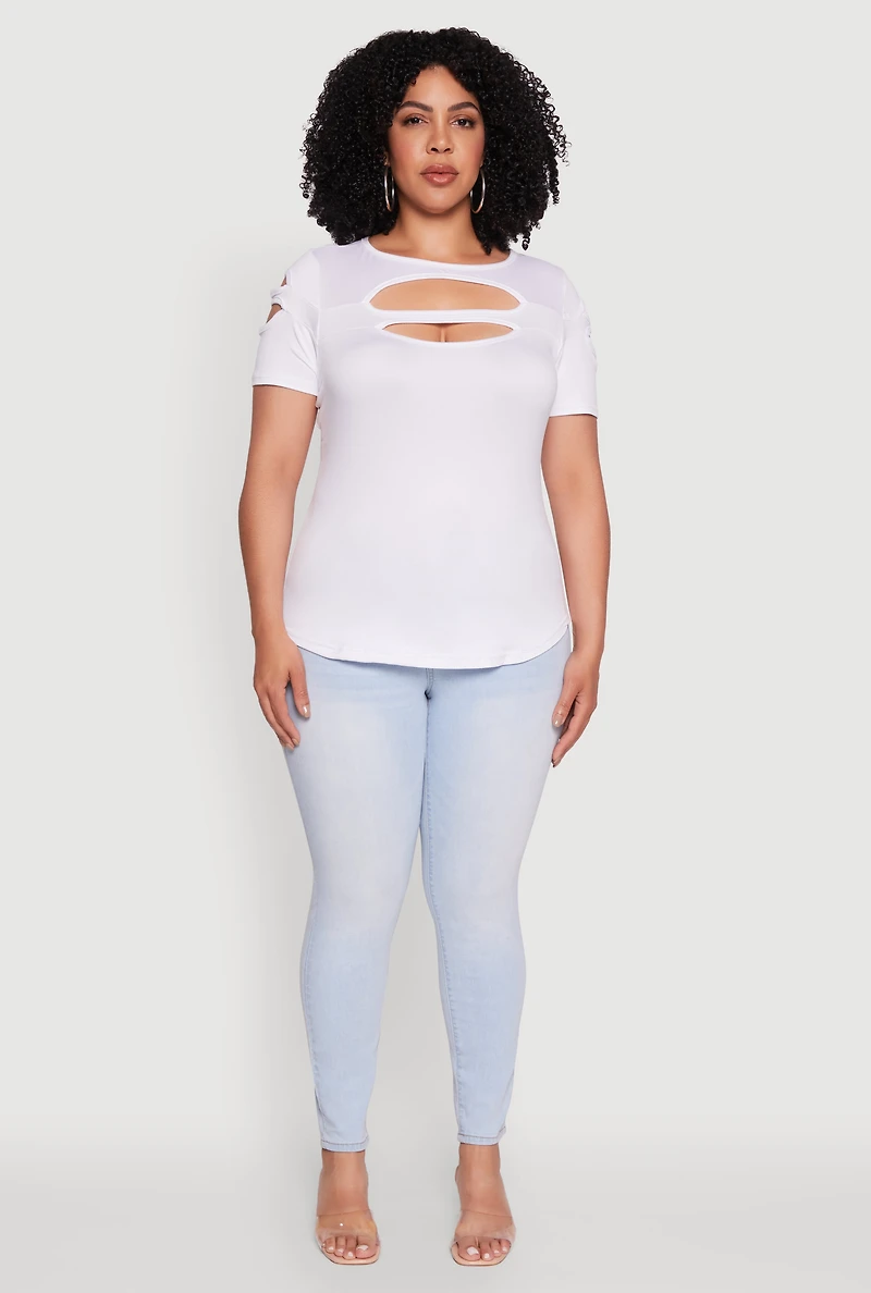 Plus Solid Double Keyhole Crew Neck T-Shirt