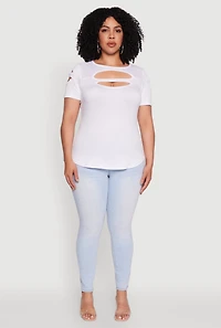 Plus Solid Double Keyhole Crew Neck T-Shirt