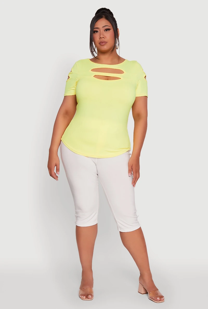 Plus Solid Double Keyhole Crew Neck T-Shirt