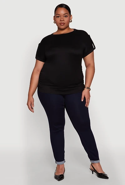 Womens Plus Ruched Tabbed Short Sleeve Top, 2X