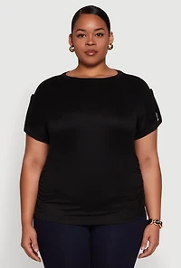 Womens Plus Ruched Tabbed Short Sleeve Top, 2X