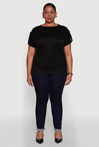 Womens Plus Ruched Tabbed Short Sleeve Top, 2X