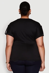 Womens Plus Ruched Tabbed Short Sleeve Top, 2X