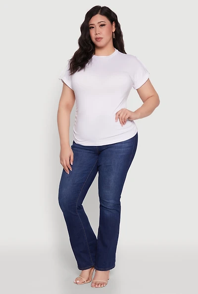 Womens Plus Size Ruched Tabbed Short Sleeve Top, White, Size 2X
