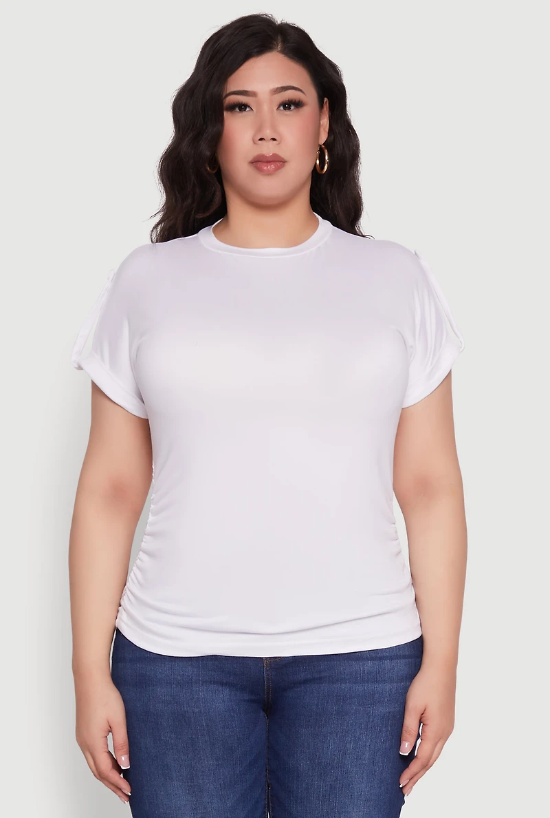 Womens Plus Ruched Tabbed Short Sleeve Top,