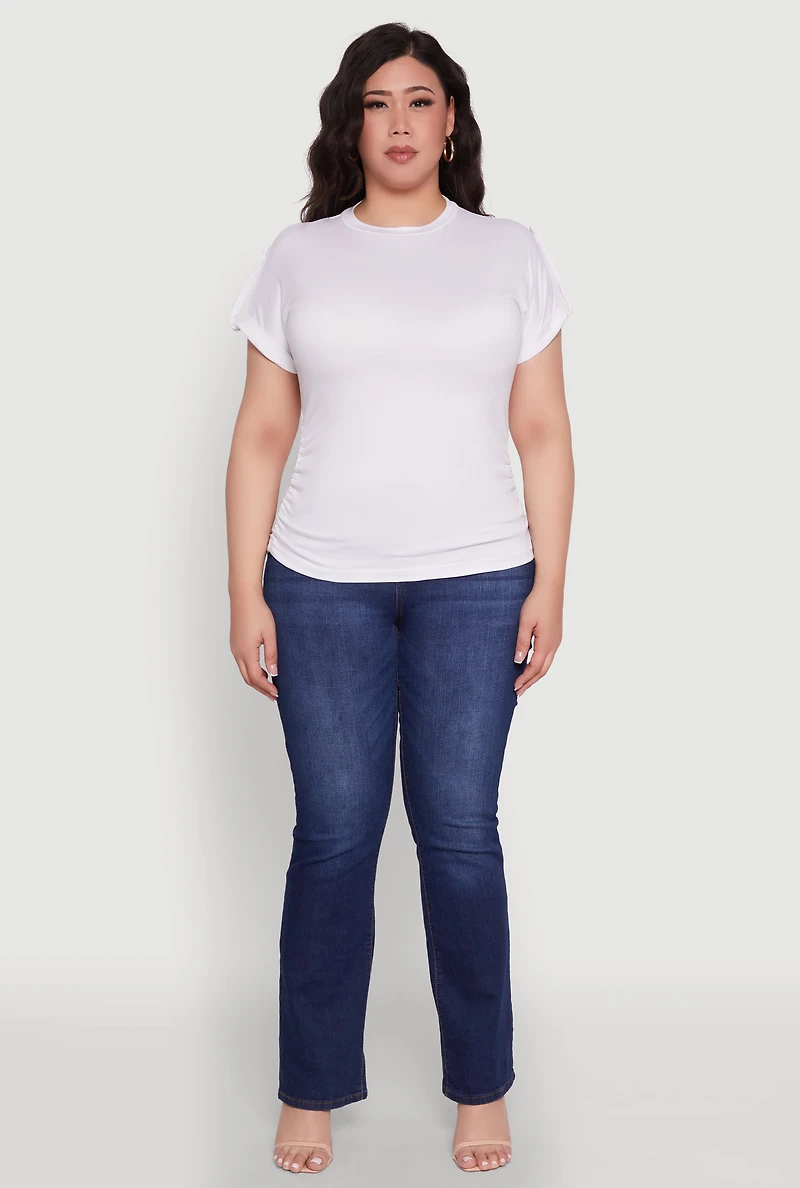 Womens Plus Size Ruched Tabbed Short Sleeve Top, White, Size 2X