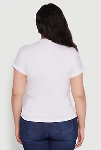 Womens Plus Size Ruched Tabbed Short Sleeve Top, White, Size 2X