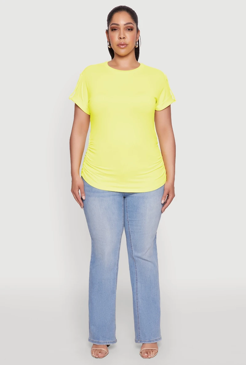 Womens Plus Size Ruched Tabbed Short Sleeve Top, Yellow, Size 1X