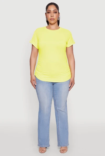 Womens Plus Size Ruched Tabbed Short Sleeve Top, Yellow, Size 1X