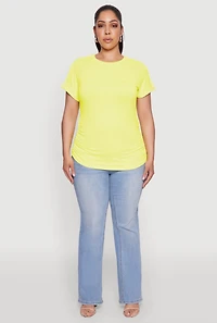 Womens Plus Size Ruched Tabbed Short Sleeve Top, Yellow, Size 1X