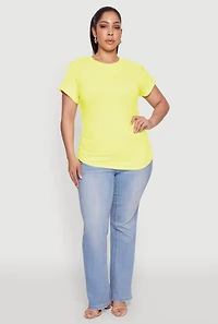 Womens Plus Size Ruched Tabbed Short Sleeve Top, Yellow, Size 1X