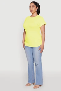 Womens Plus Size Ruched Tabbed Short Sleeve Top, Yellow, Size 1X