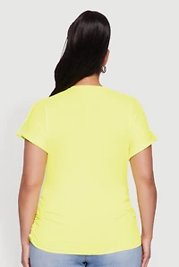 Womens Plus Size Ruched Tabbed Short Sleeve Top, Yellow, Size 1X