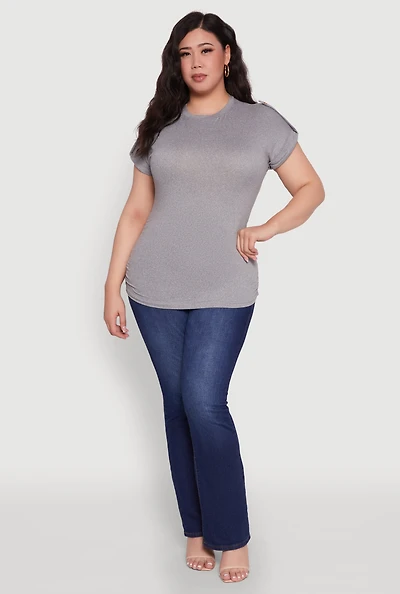 Womens Plus Ruched Tabbed Short Sleeve Top,