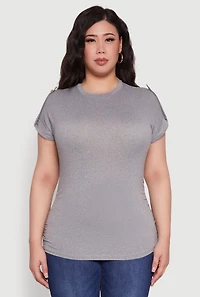 Womens Plus Size Ruched Tabbed Short Sleeve Top, Grey, Size 2X
