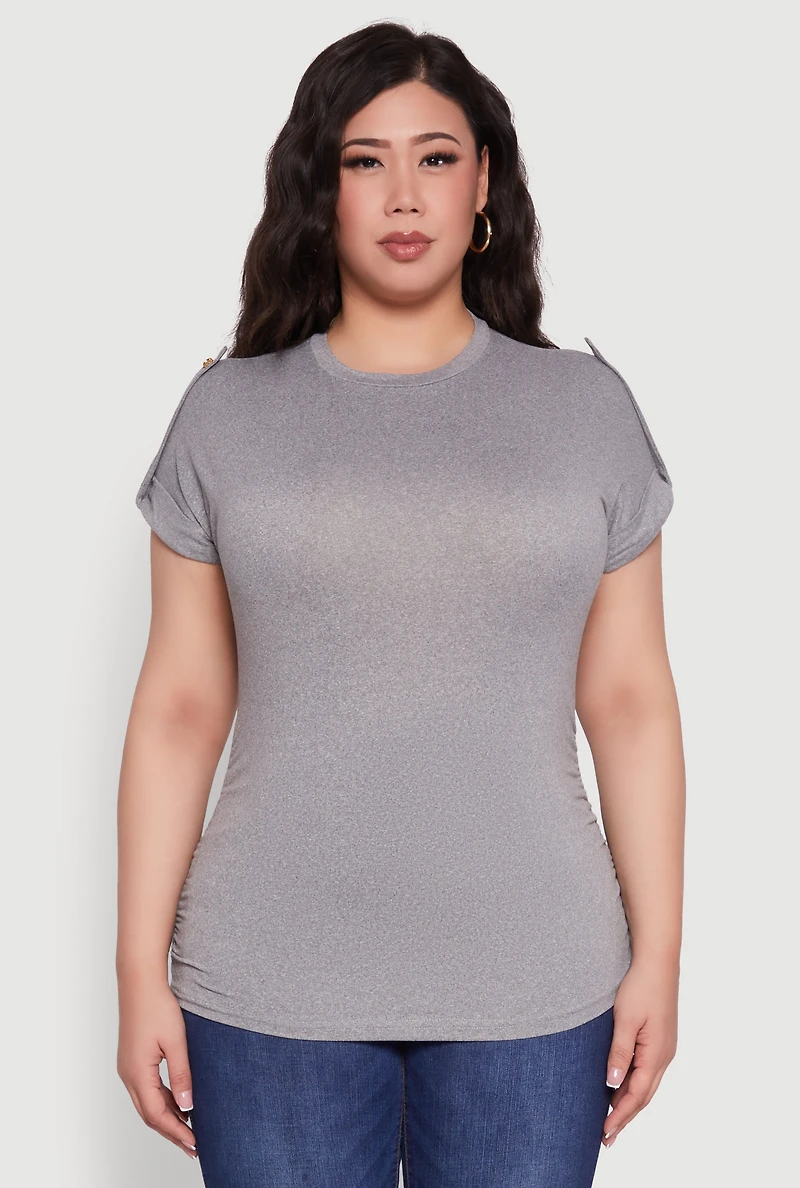 Womens Plus Ruched Tabbed Short Sleeve Top,