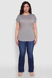 Womens Plus Size Ruched Tabbed Short Sleeve Top, Grey, Size 2X