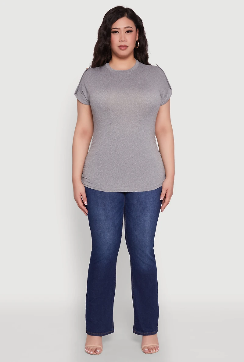 Womens Plus Ruched Tabbed Short Sleeve Top,