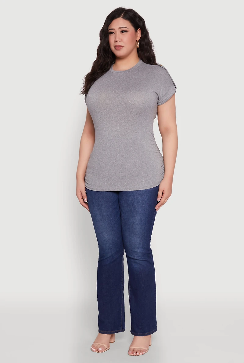 Womens Plus Ruched Tabbed Short Sleeve Top,