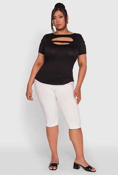 Womens Plus Double Keyhole Crew Neck T-Shirt,