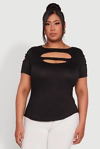 Womens Plus Double Keyhole Crew Neck T-Shirt,